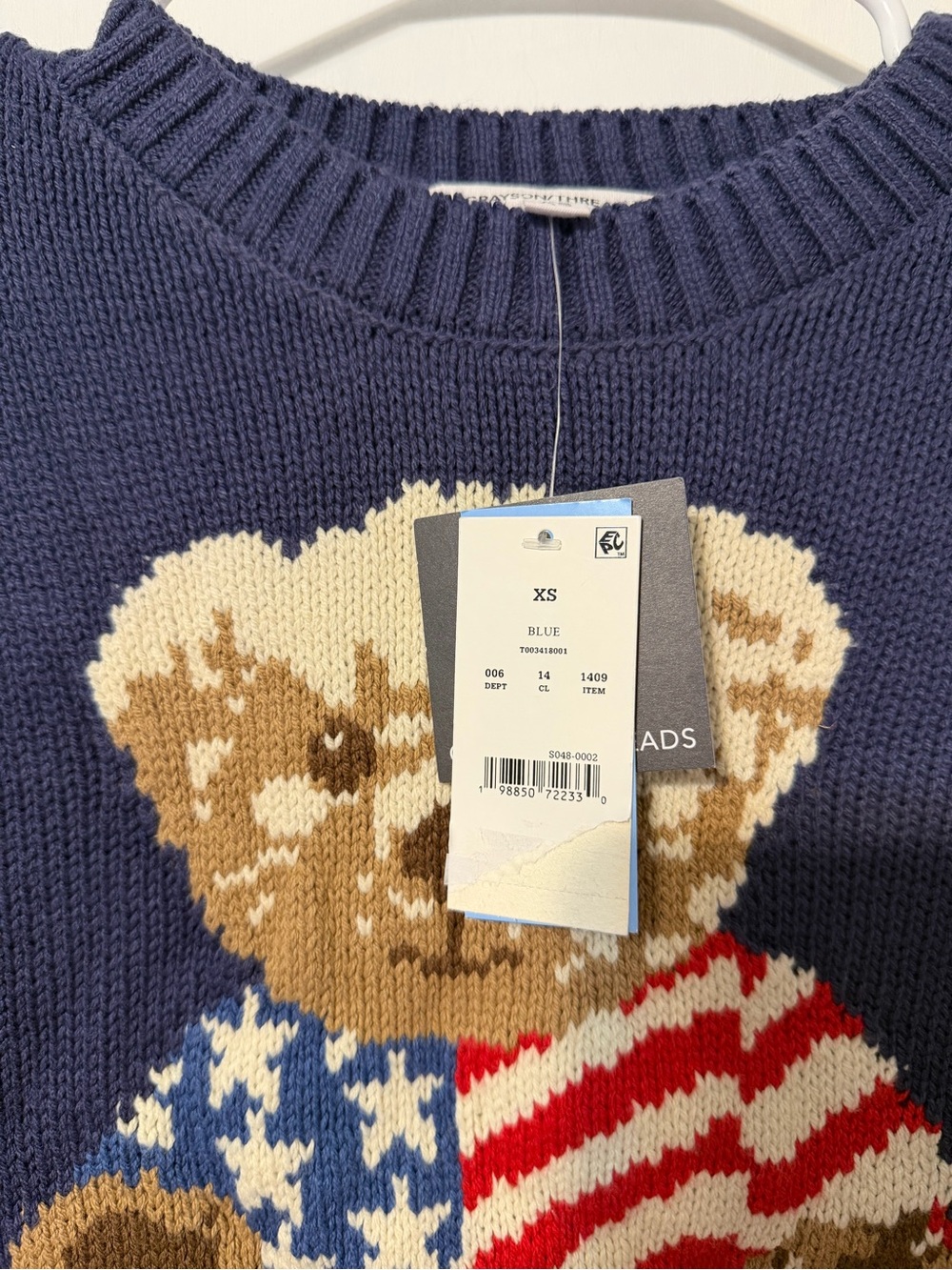 Grayson Threads Navy Knit Teddy Bear Sweater with Red, White, Blue Accents - Picture 2 of 4